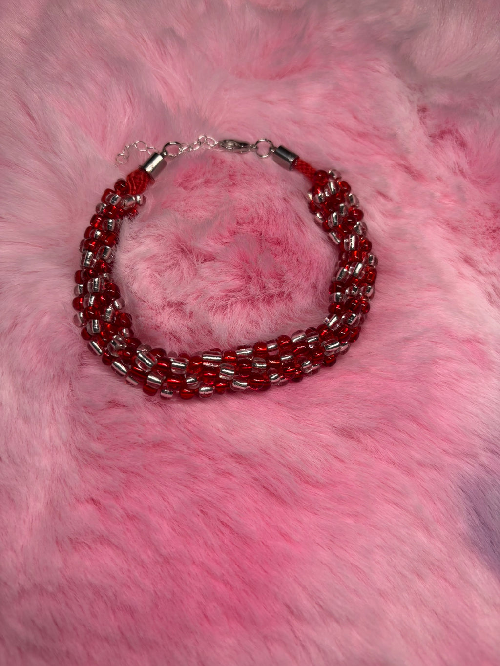 Red and White #1 Beaded Kumihimo Braided Bracelet