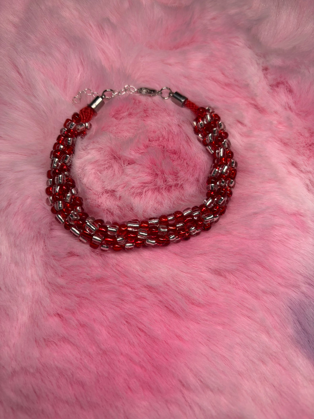 Red and White #1 Beaded Kumihimo Braided Bracelet