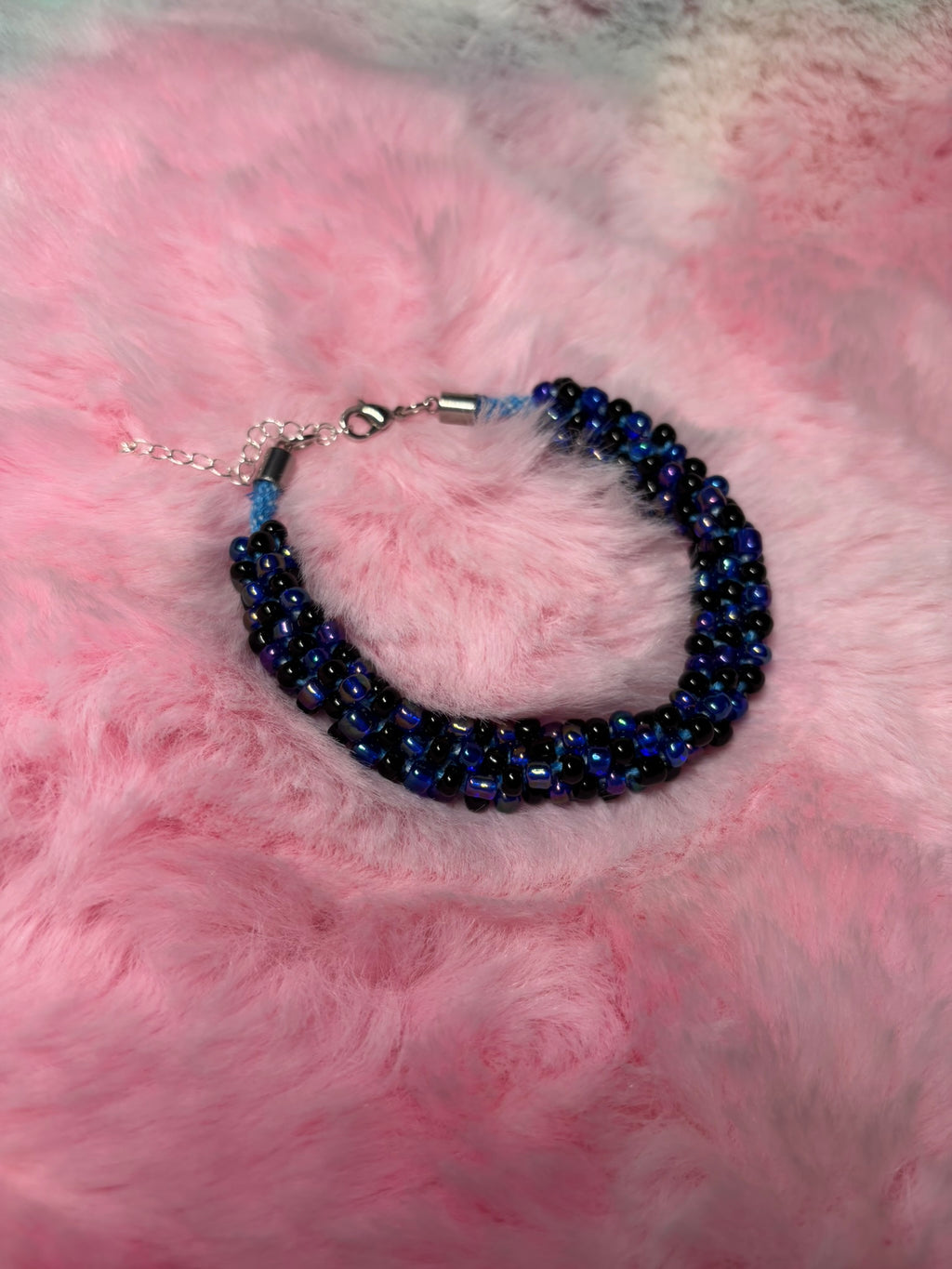 Blue Iridescent and Black Beaded Kumihimo Braided Bracelet
