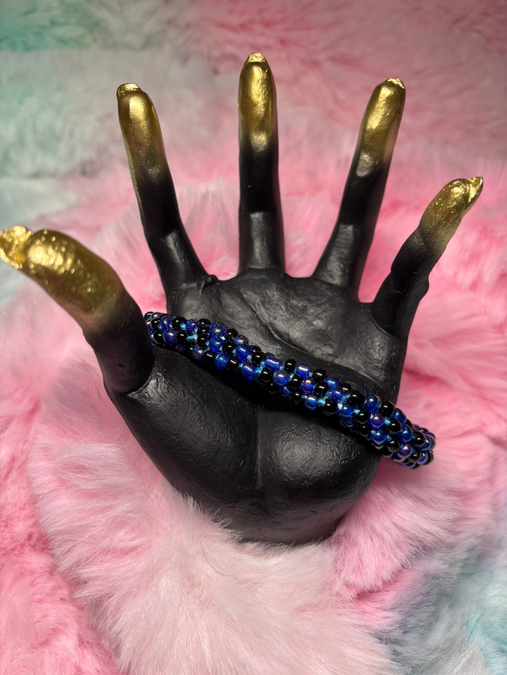 Blue Iridescent and Black Beaded Kumihimo Braided Bracelet