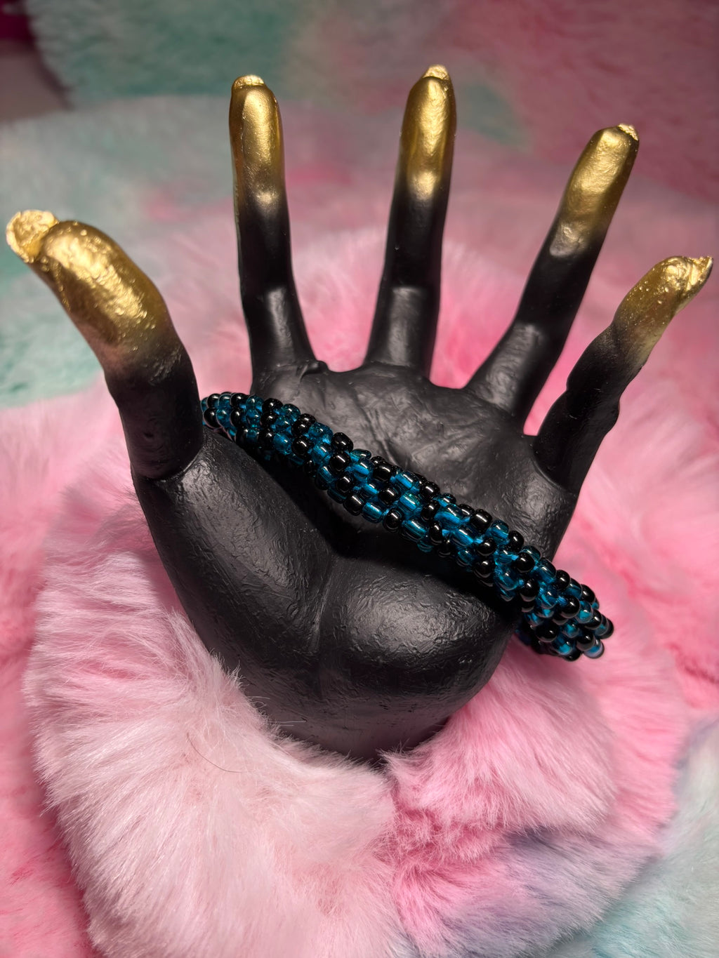 Teal and Black Beaded Kumihimo Braided Bracelet