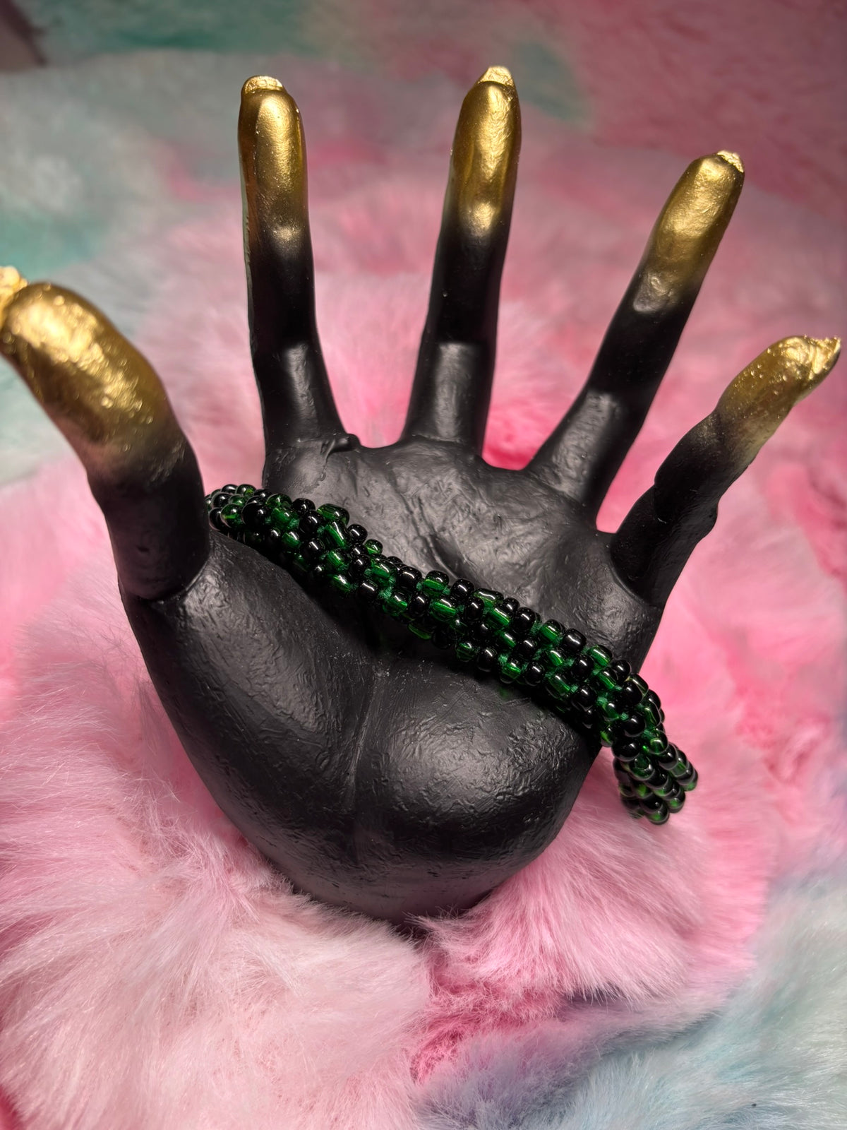 Green and Black Beaded Kumihimo Braided Bracelet