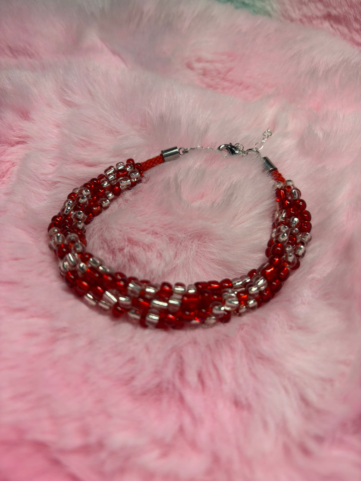 Red and White #2 Beaded Kumihimo Braided Bracelet