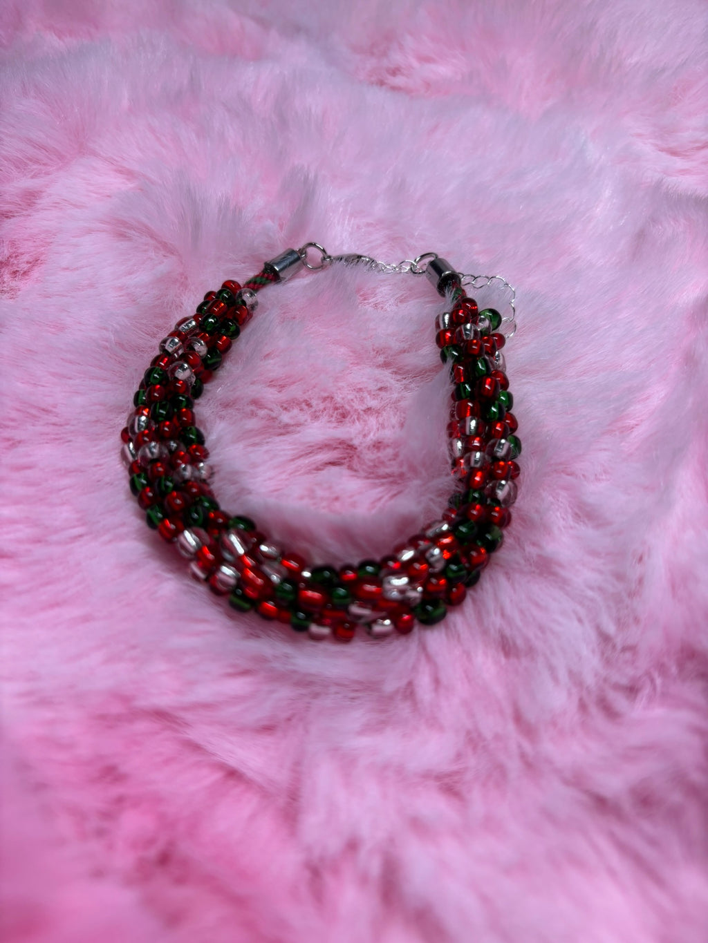 Red Green and White #1 Beaded Kumihimo Braided Bracelet