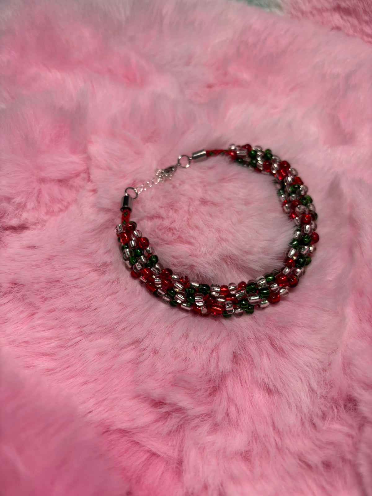 Red Green and White #2 Beaded Kumihimo Braided Bracelet