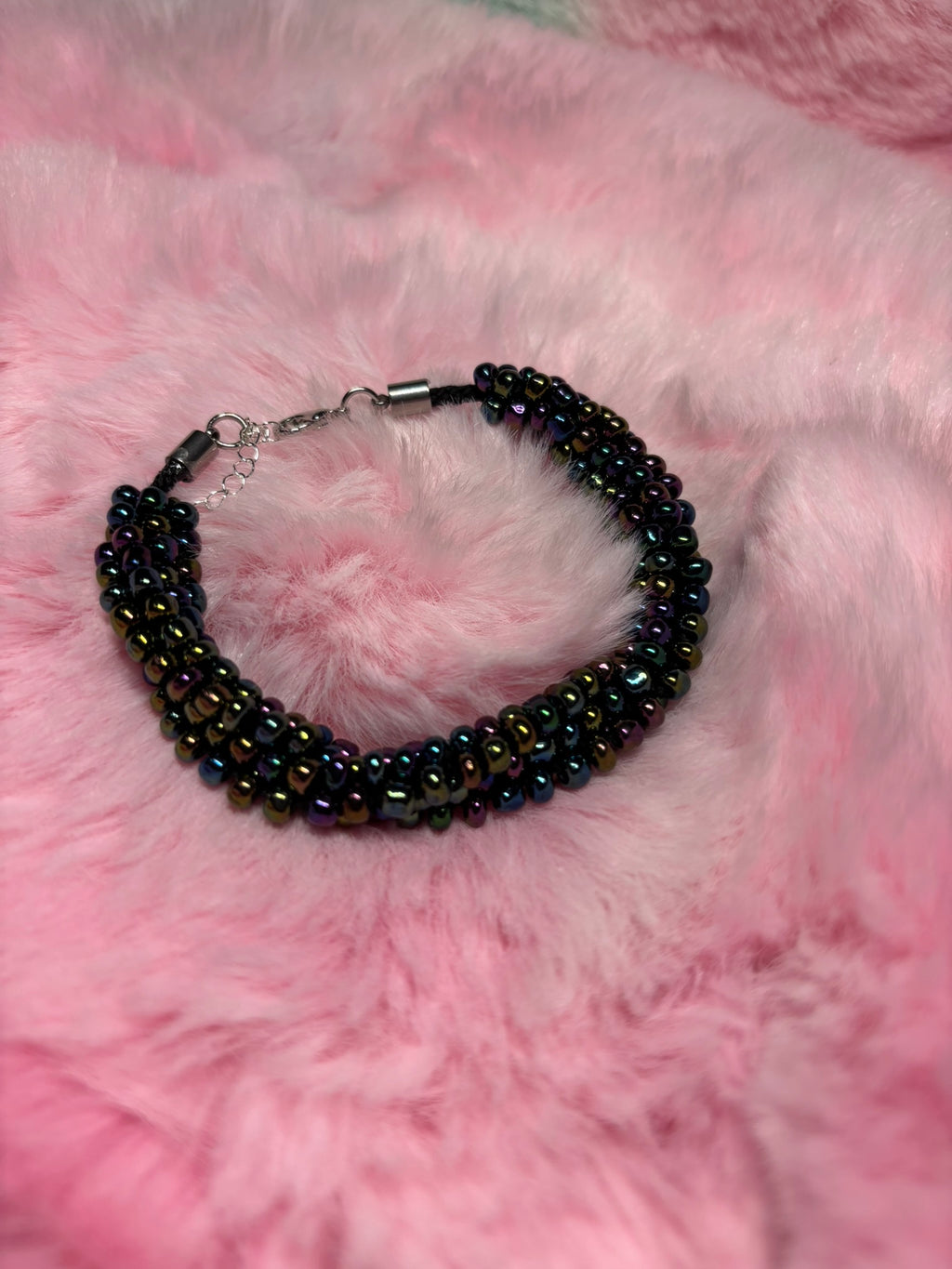Black Iridescent Beaded Kumihimo Braided Bracelet