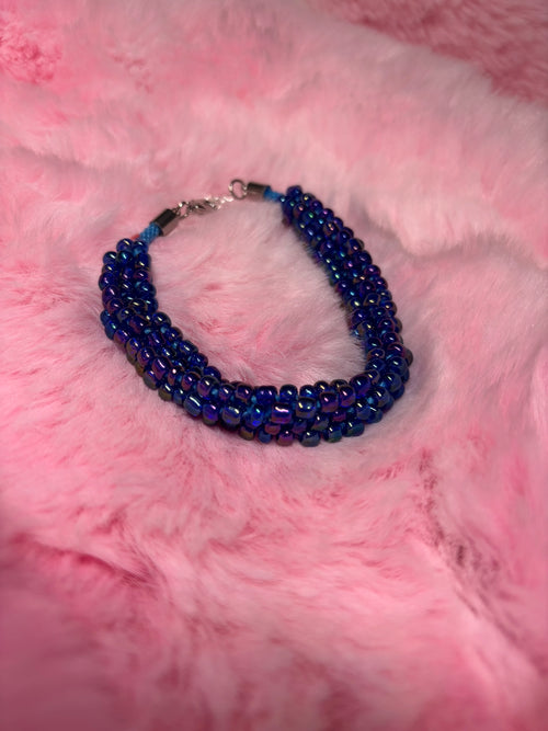 Blue Iridescent Beaded Kumihimo Braided Bracelet