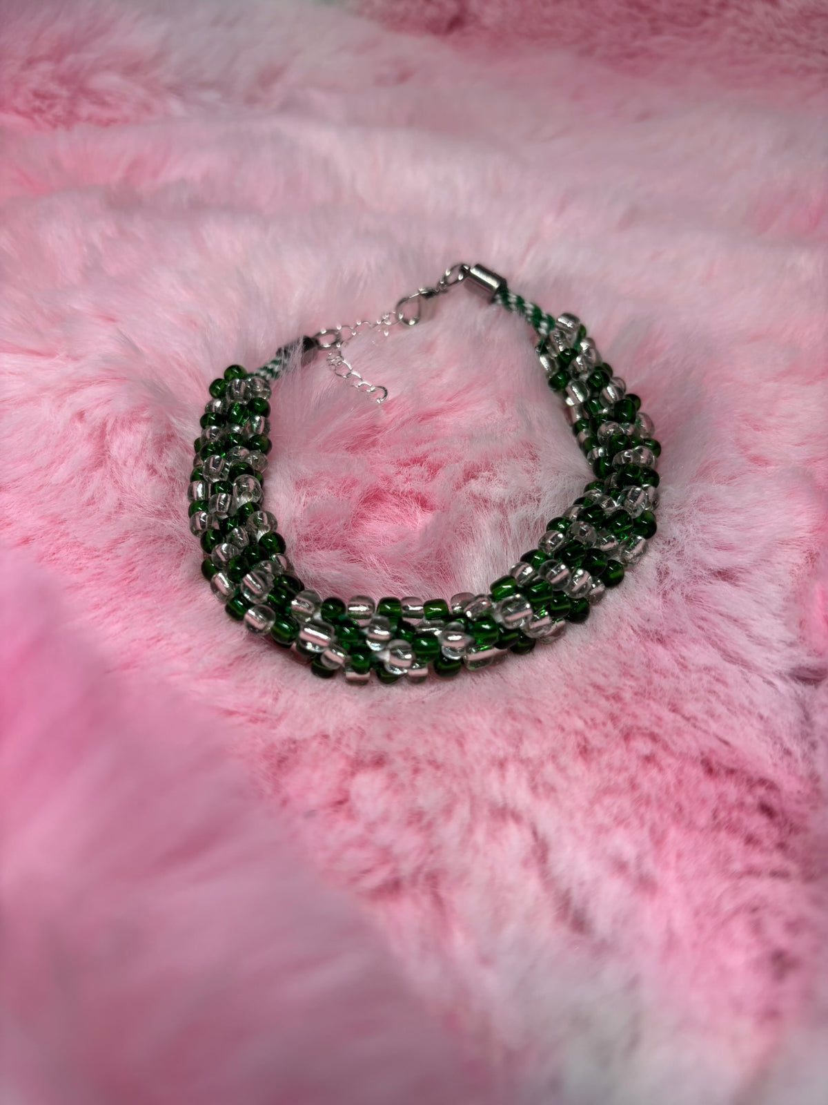 Green and White Beaded Kumihimo Braided Bracelet