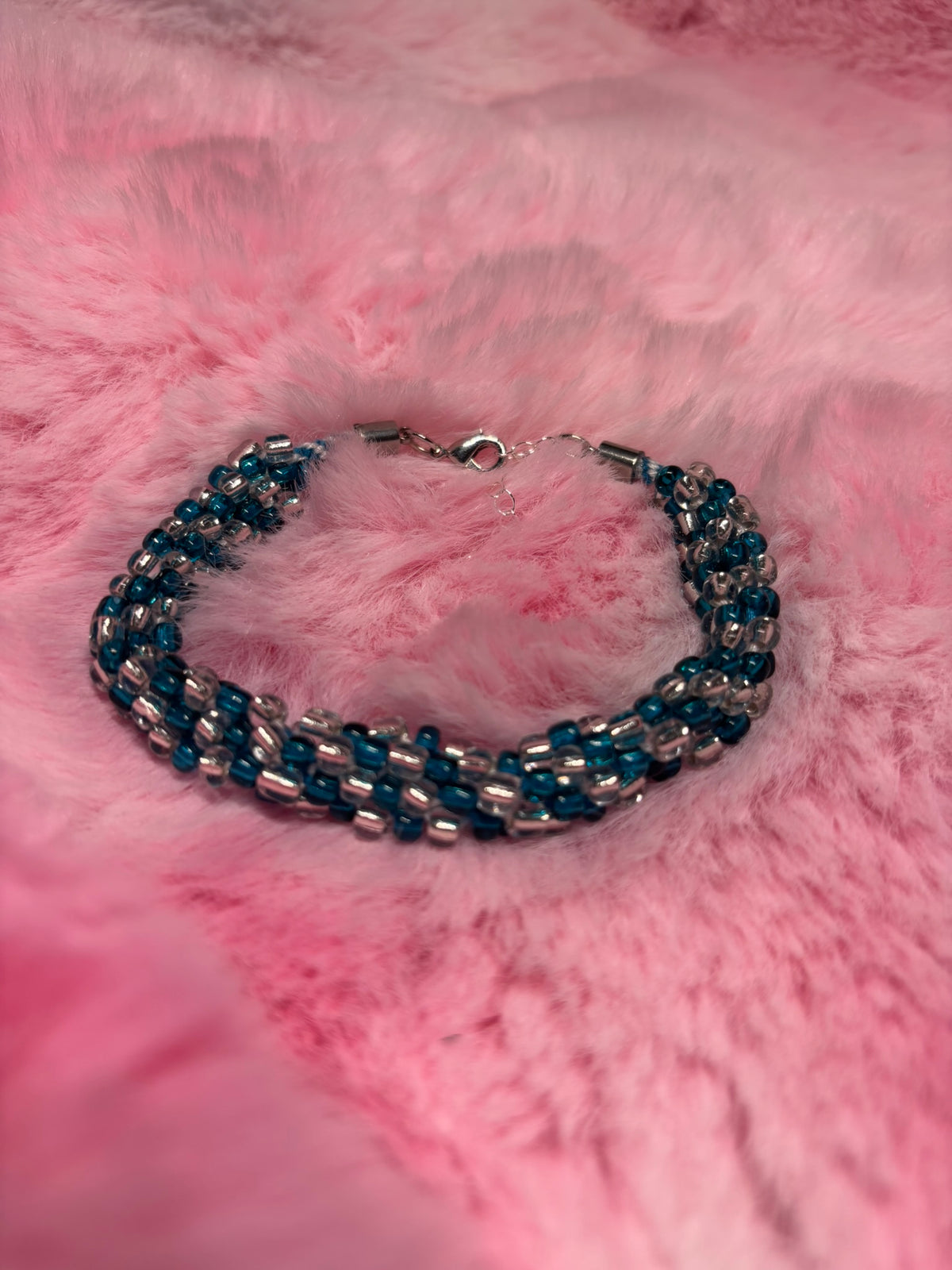Teal and White Beaded Kumihimo Braided Bracelet