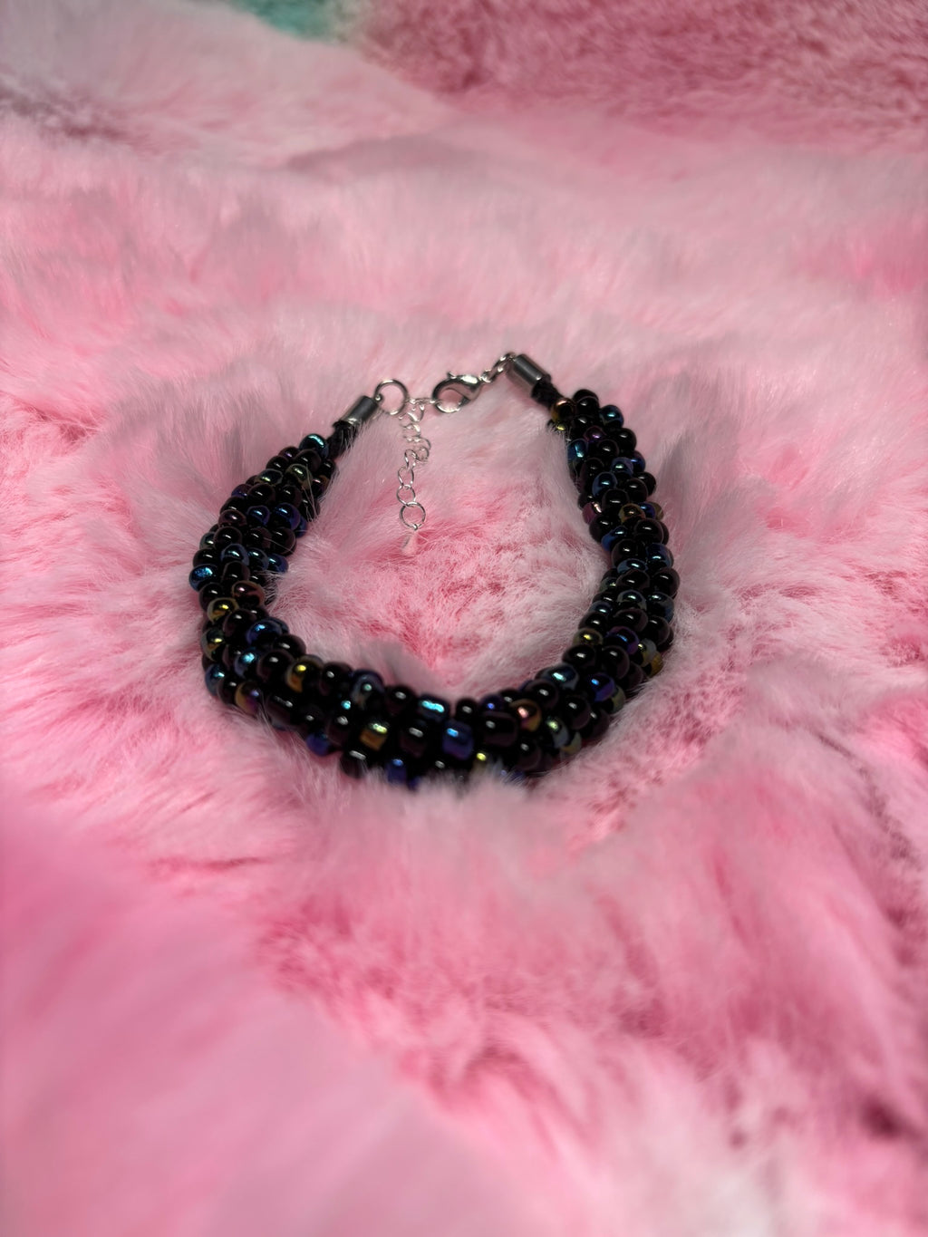 Black Iridescent and Black Beaded Kumihimo Braided Bracelet