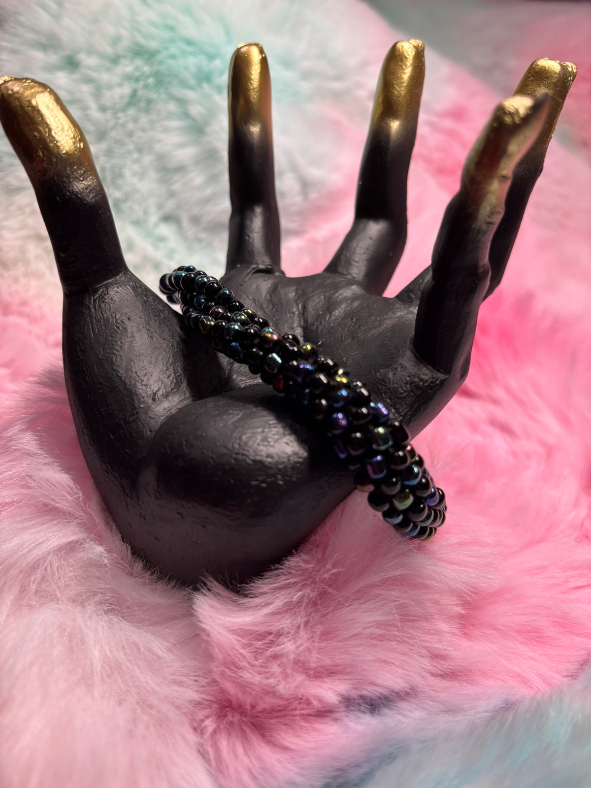 Black Iridescent and Black Beaded Kumihimo Braided Bracelet