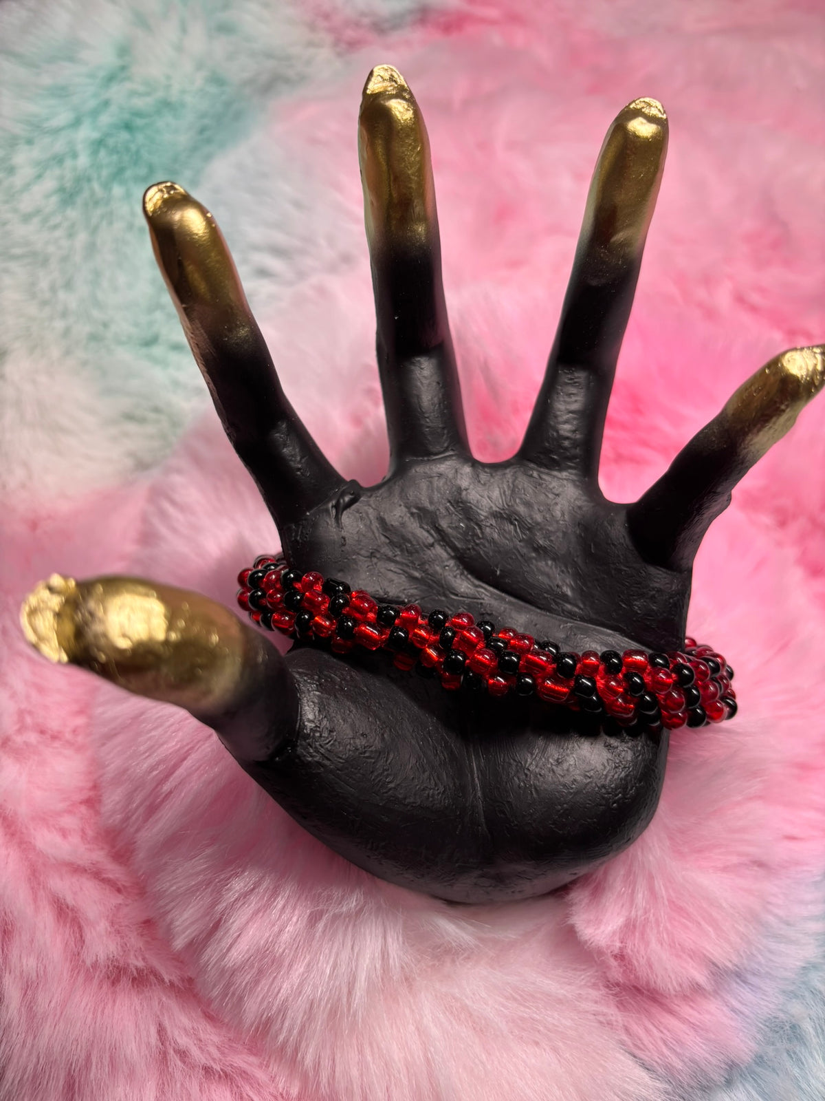 Red and Black Beaded Kumihimo Braided Bracelet