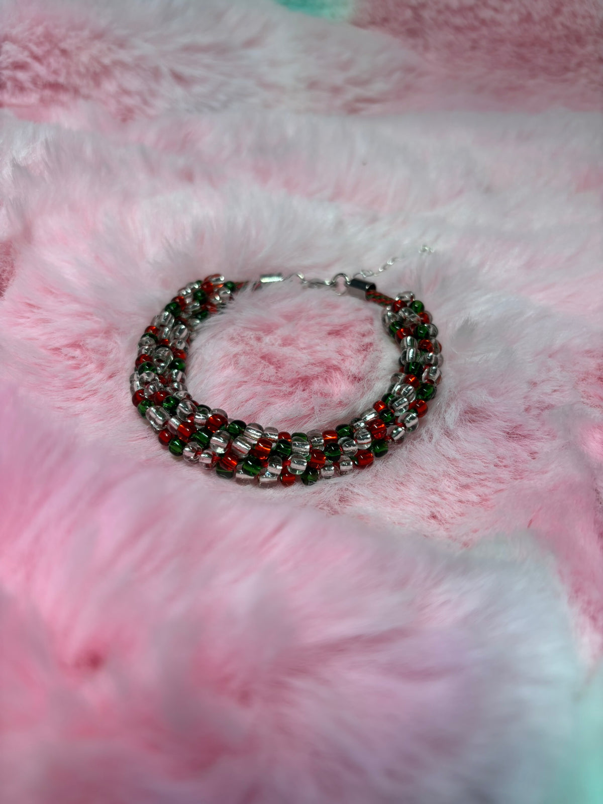 Red Green and White #3 Beaded Kumihimo Braided Bracelet