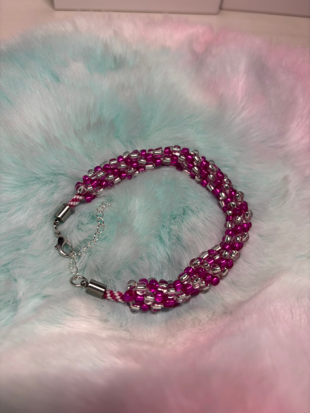 Magenta and White Beaded Kumihimo Braided Bracelet