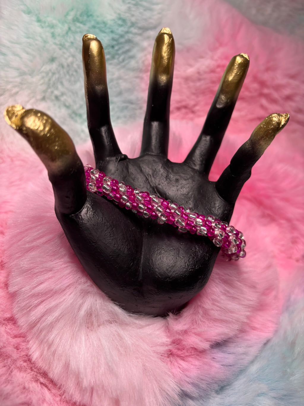 Magenta and White Beaded Kumihimo Braided Bracelet