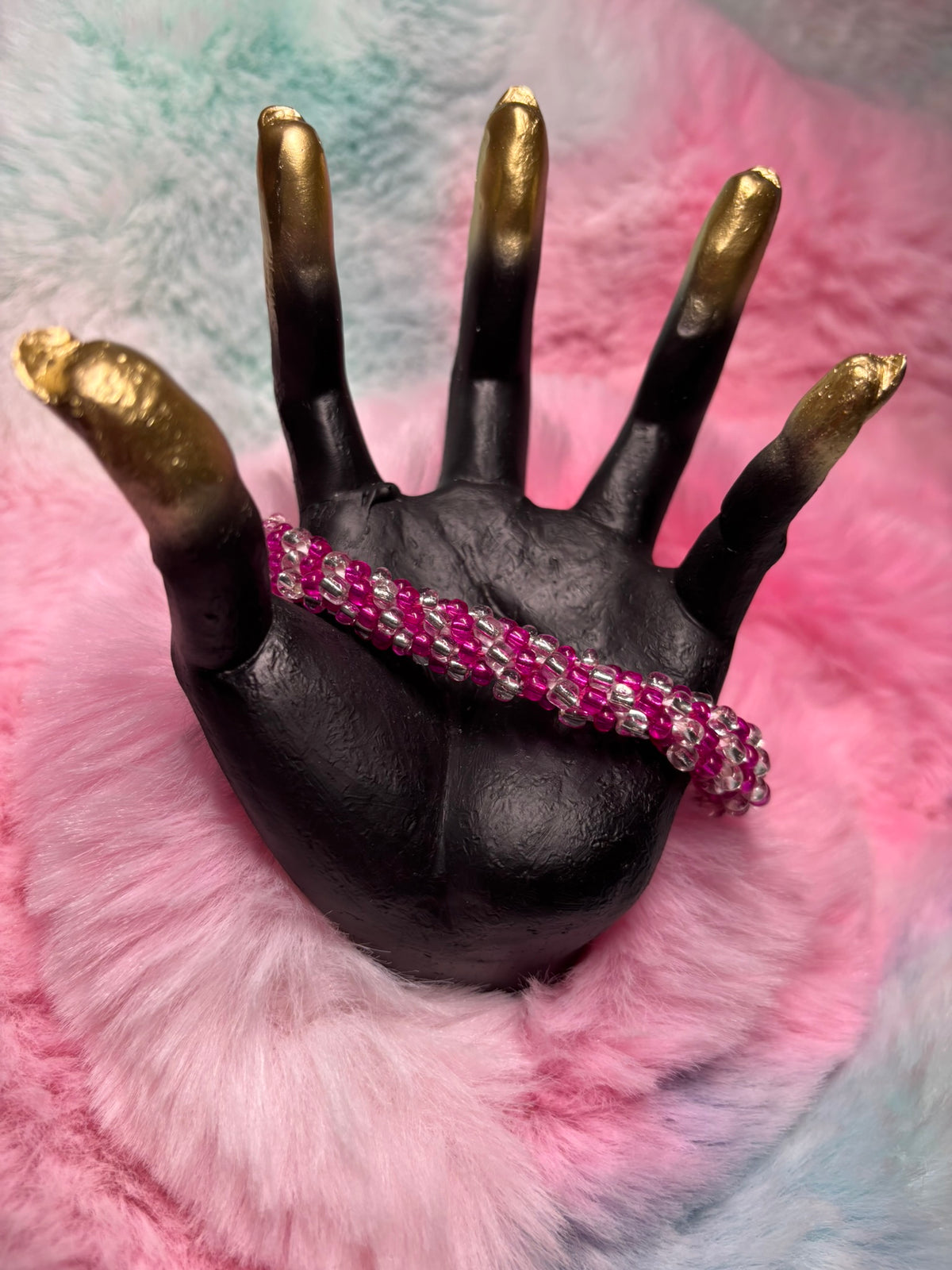 Magenta and White Beaded Kumihimo Braided Bracelet